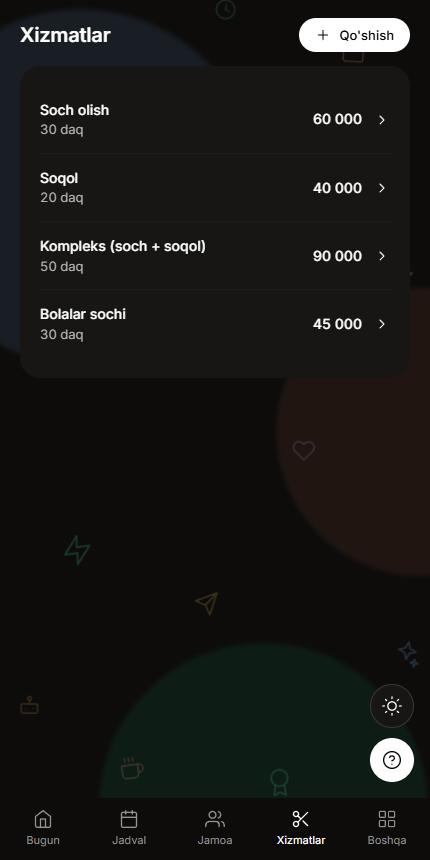 Xizmatlar ro'yxati narx va davomiyligi bilan